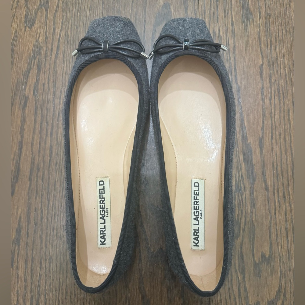 Karl Lagerfeld grey square toe ballerina shoe with black trim & bow size 7.5M/38